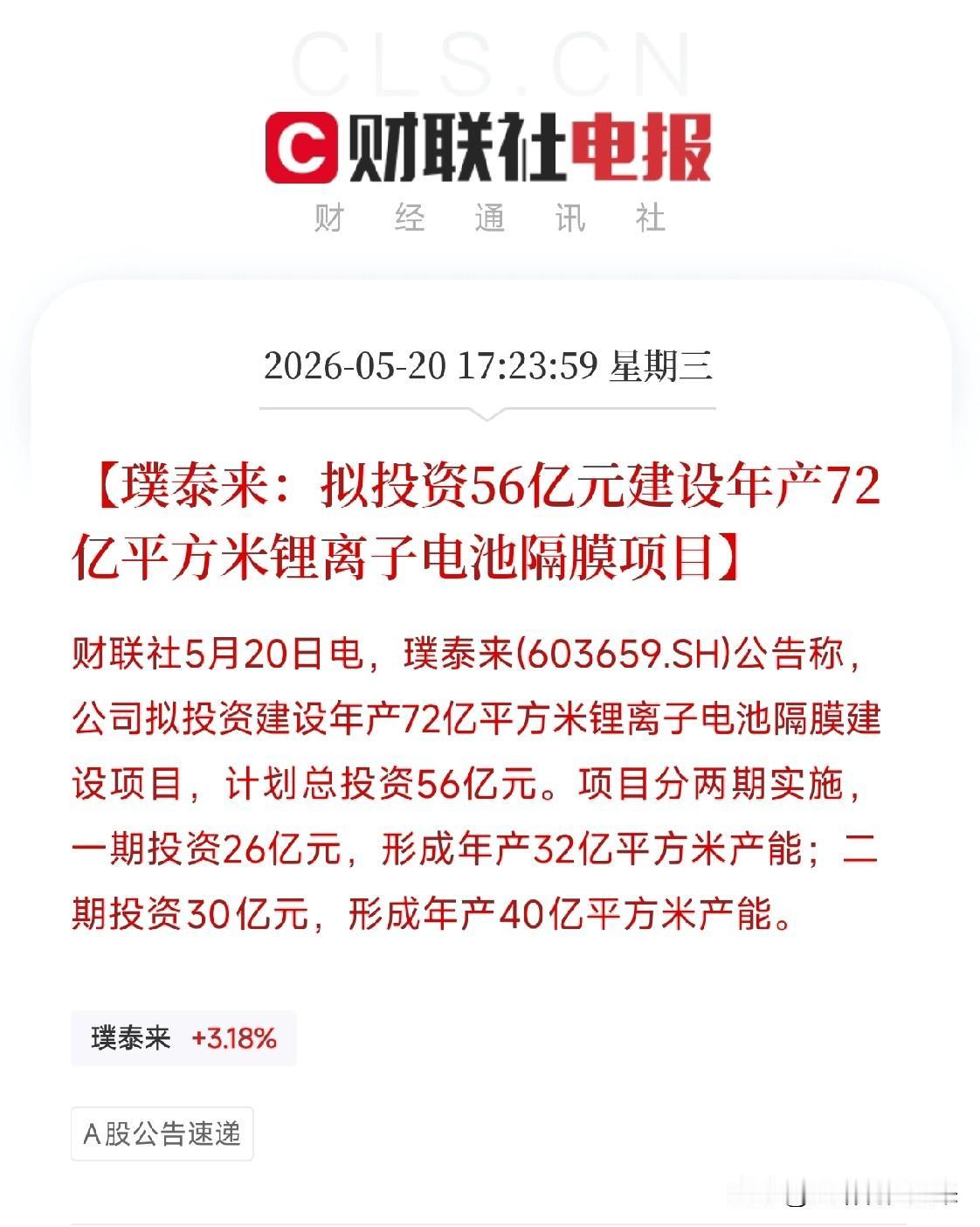 璞泰来拟投资56亿元建设年产72亿平米隔膜项目，锂电隔膜龙头再下重注

今天盘后