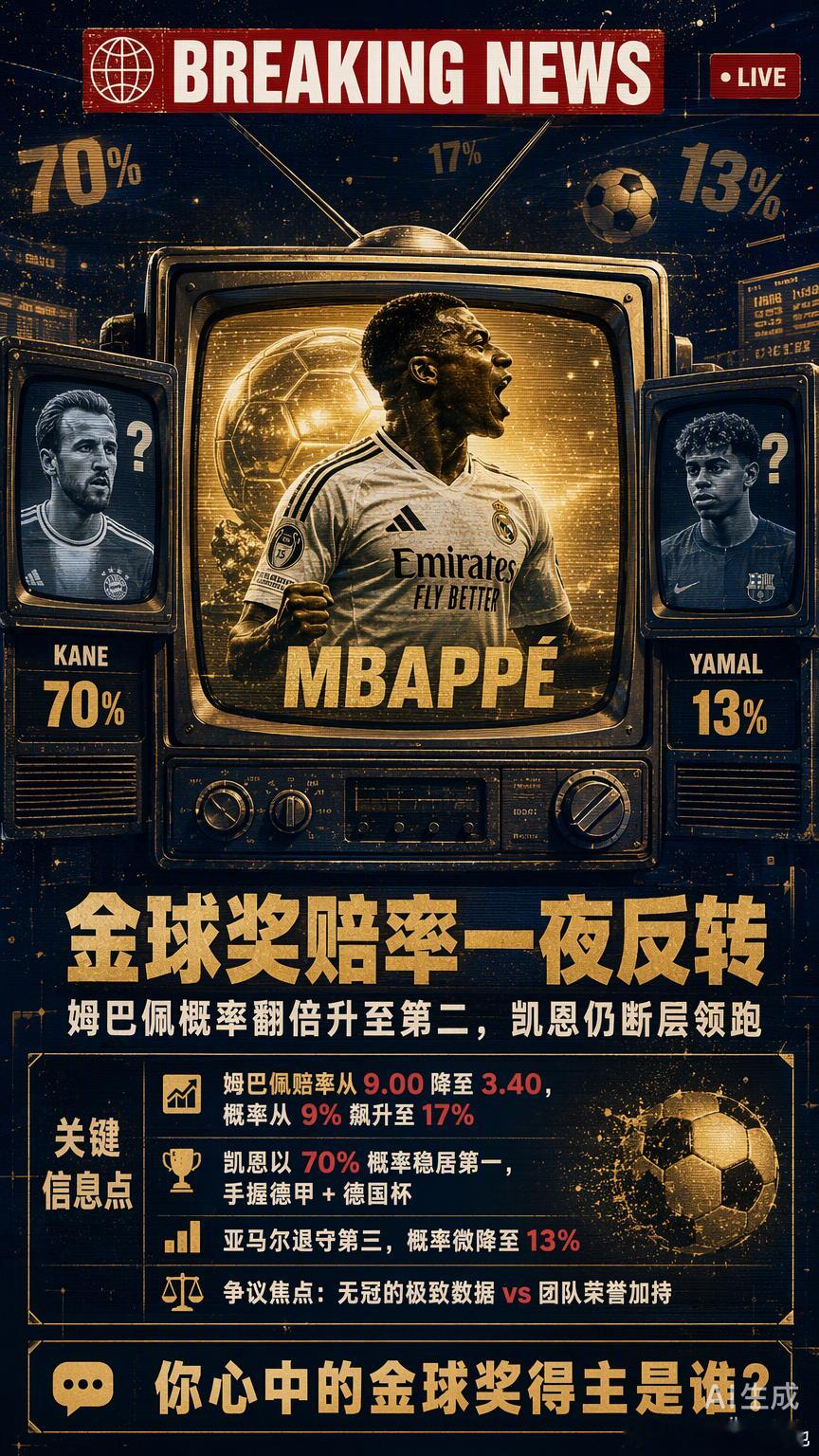 金球奖赔率在颁奖前夜突然反转，姆巴佩从第三蹿升到第二，概率一夜翻倍。这种临门一脚