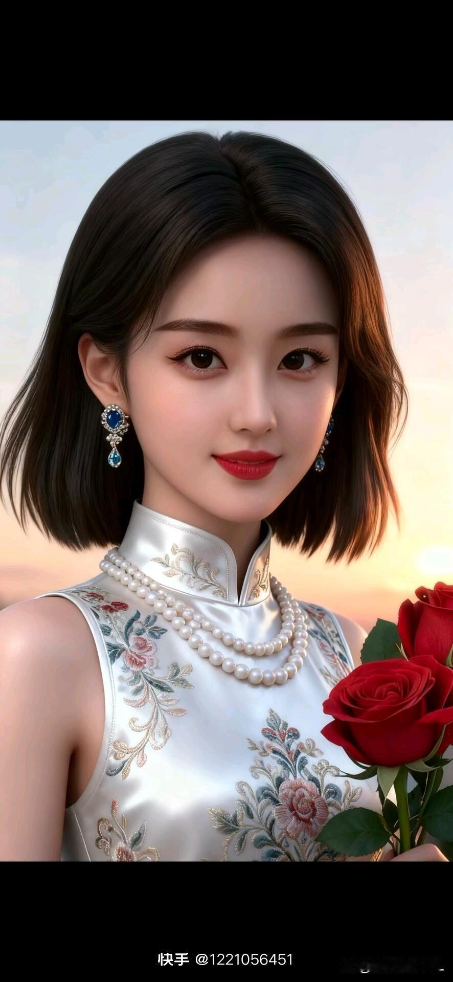 优雅旗袍美人，手捧红玫瑰，尽显东方韵味