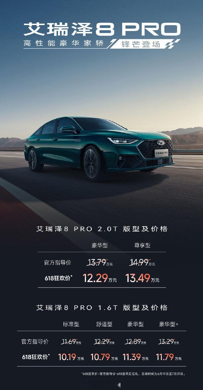 奇瑞艾瑞泽8 PRO 2.0T车型上市，13.79-14.99万元加上此前1.6