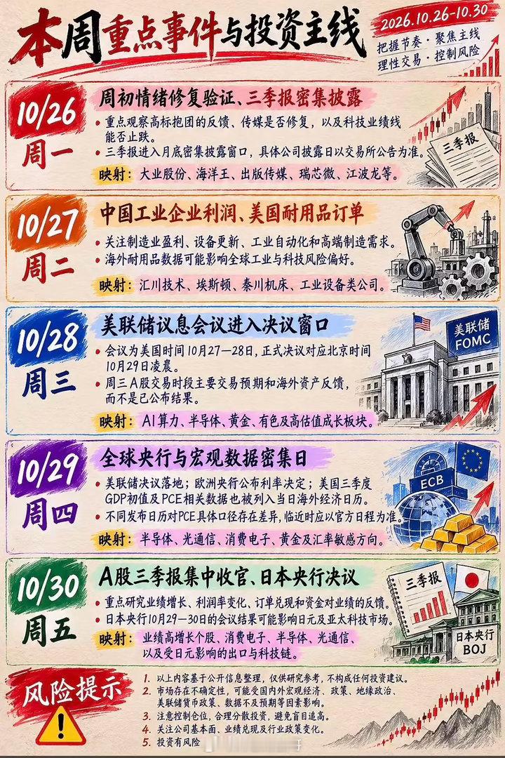 本周重点事件与投资主线一览。这周盘面走得太分裂了，沪指跌0.69%、创业板指直接