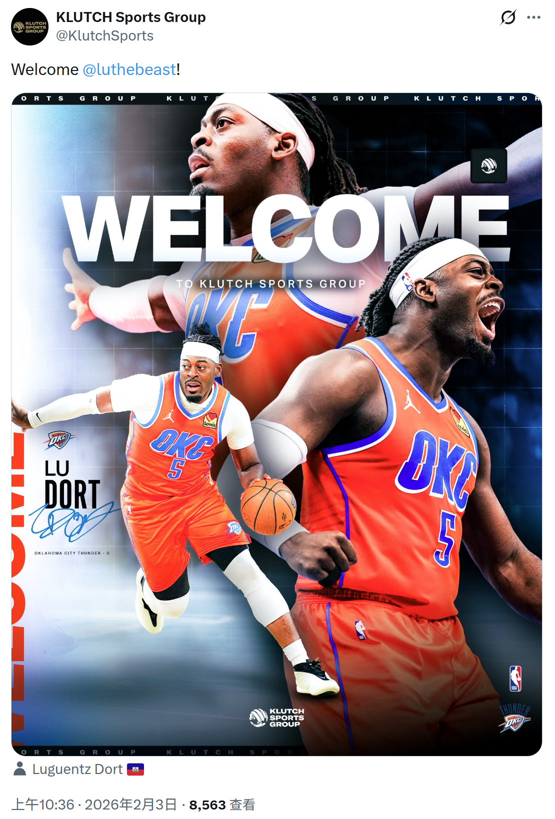 Klutch官宣，雷霆防守悍将卢冈茨·多尔特成为旗下客户。 