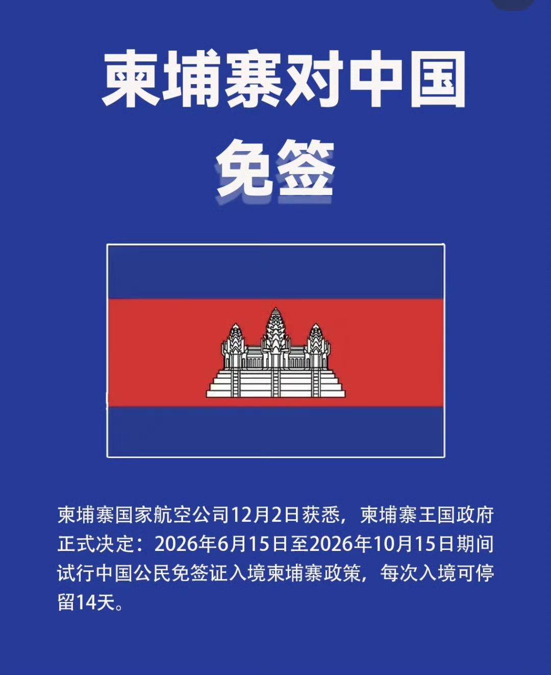 柬埔寨政府当地时间12月2日发布官方文件说，将于2026年6月15日至10月15