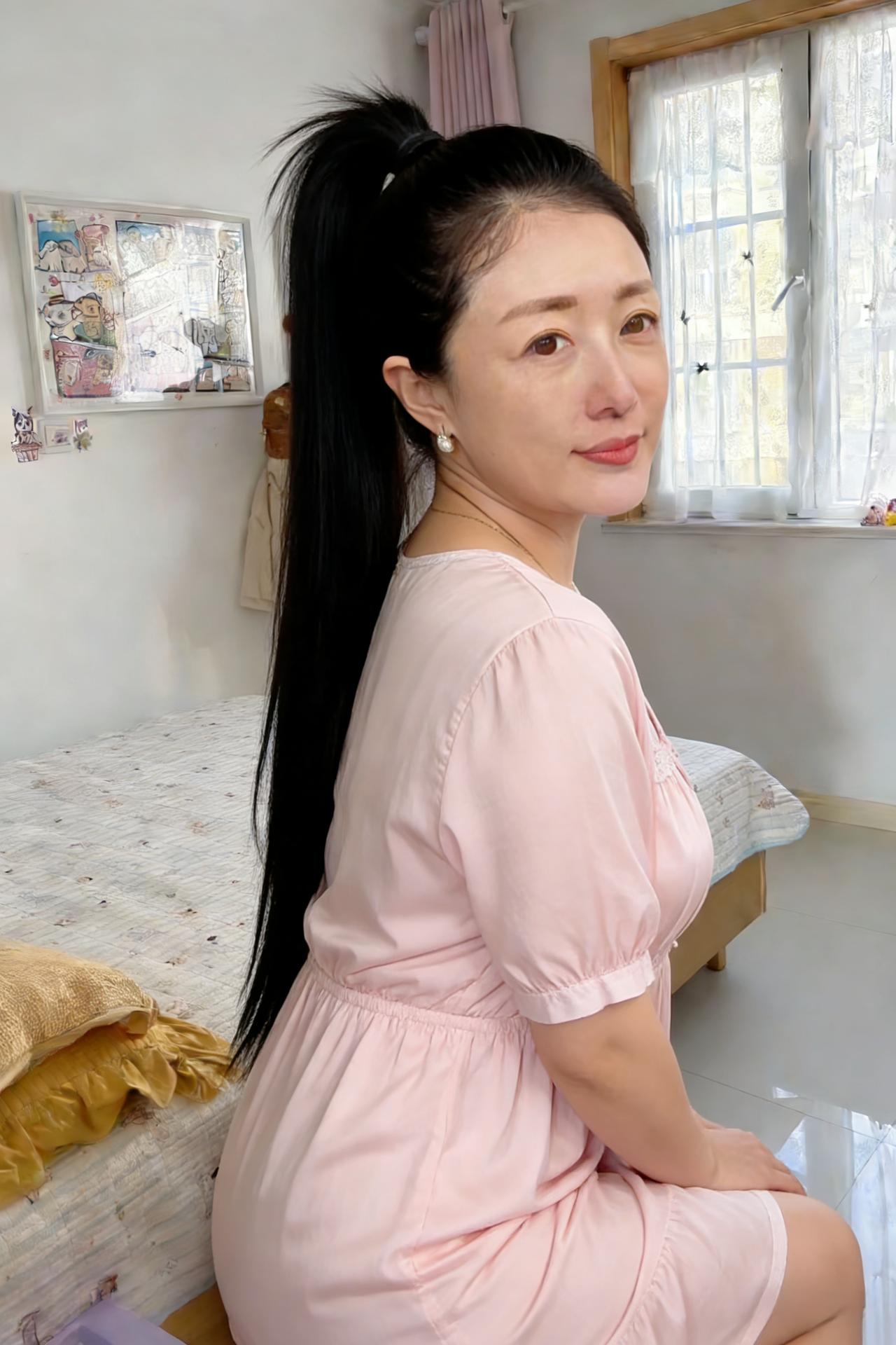 轻罗裁晓色，倩影映窗纱。
浅笑含春意，低眉弄晚霞。
素襟凝雅韵，纤步踏芳华。
一