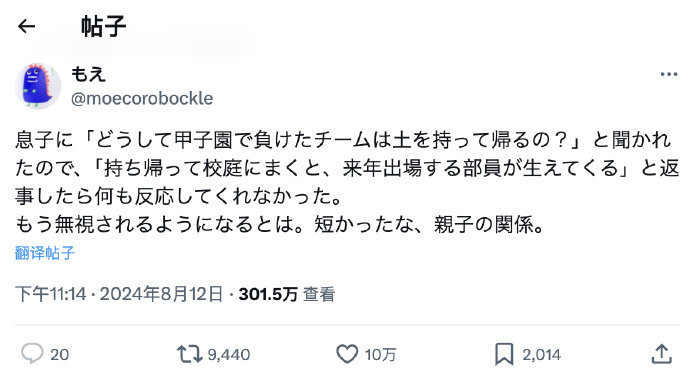 儿子问我「为什么在甲子园比赛中，输了的队伍要带走甲子园球场的土呢？」我开玩笑说「