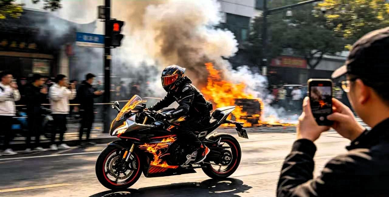 杭州萧山，24岁的楼质军骑着刚买一个多月的张雪500RR，路遇私家车自燃。火焰快