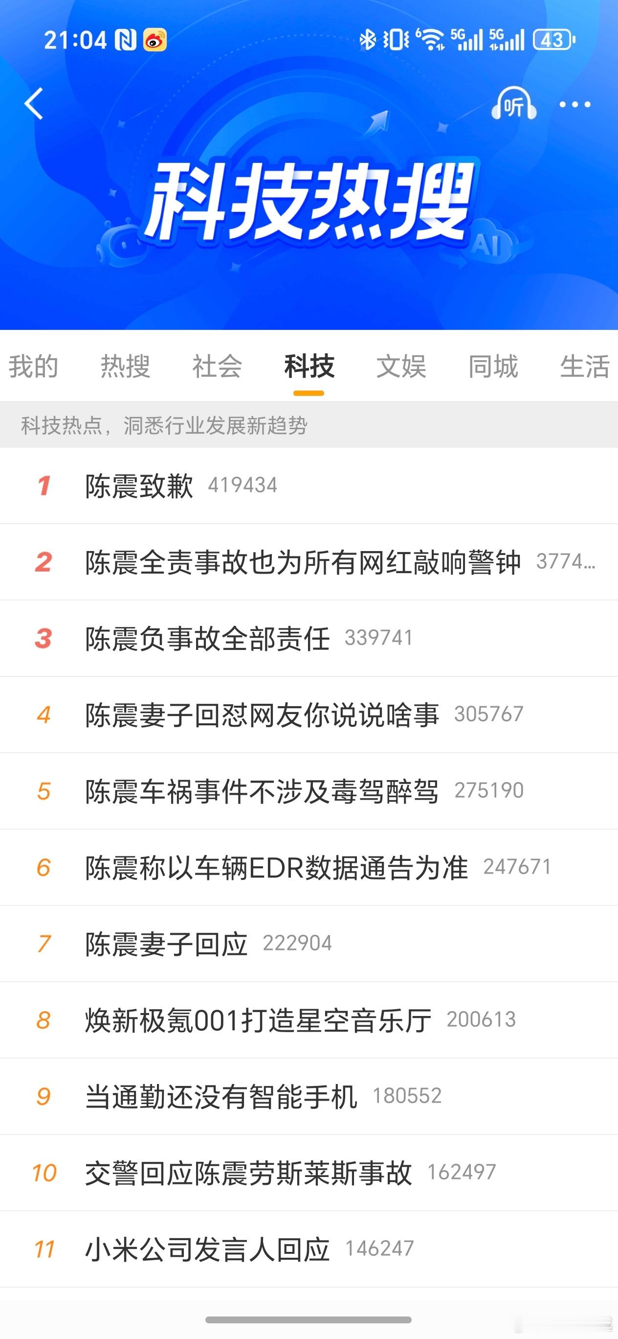 陈震致歉科技热搜榜前10占了8个，说明这件事的关注度确实不低，人没事就是最大的幸