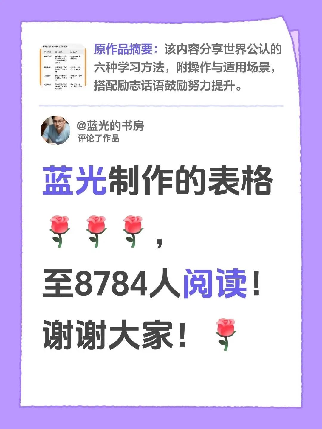 蓝光心里话。我评论了@蓝光的书房 的作品：蓝光制作的表格，至8784人阅读！谢谢