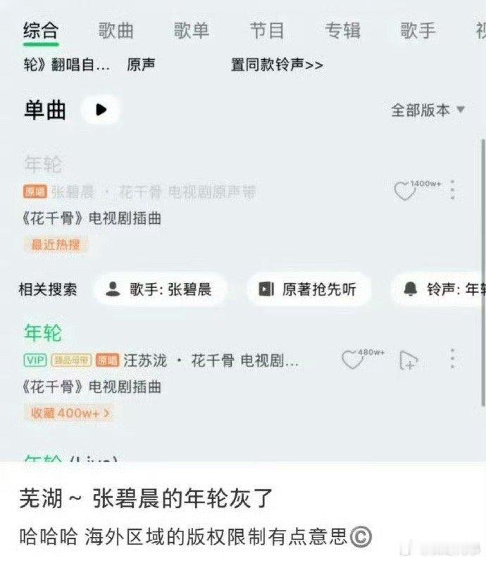 张碧晨年轮海外版权受限 张碧晨版《年轮》在某音乐软件的海外区域的版权受限，变灰了