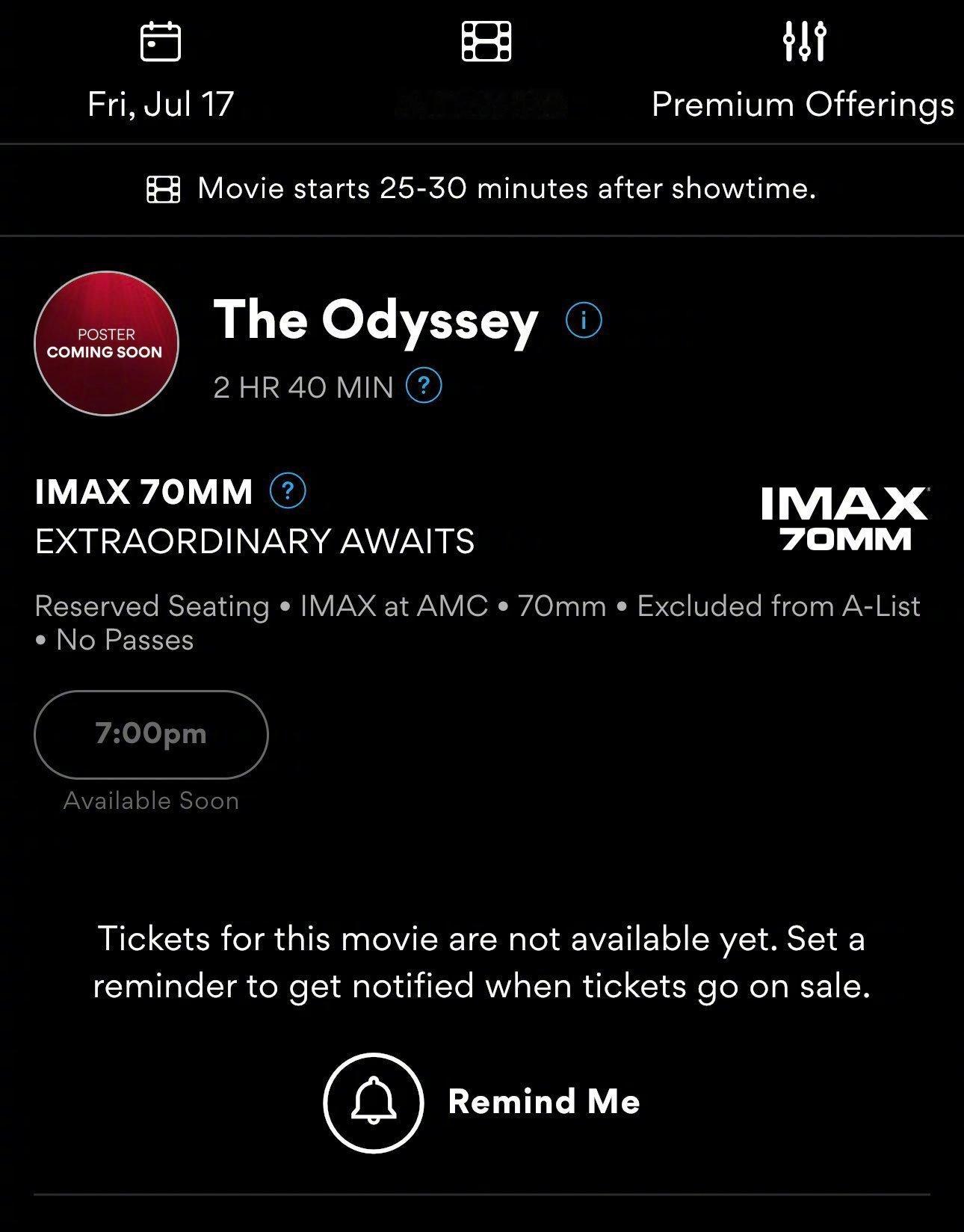 诺兰新片《奥德赛》的IMAX 70mm电影票已开始发售，影片将于明年7月17日上