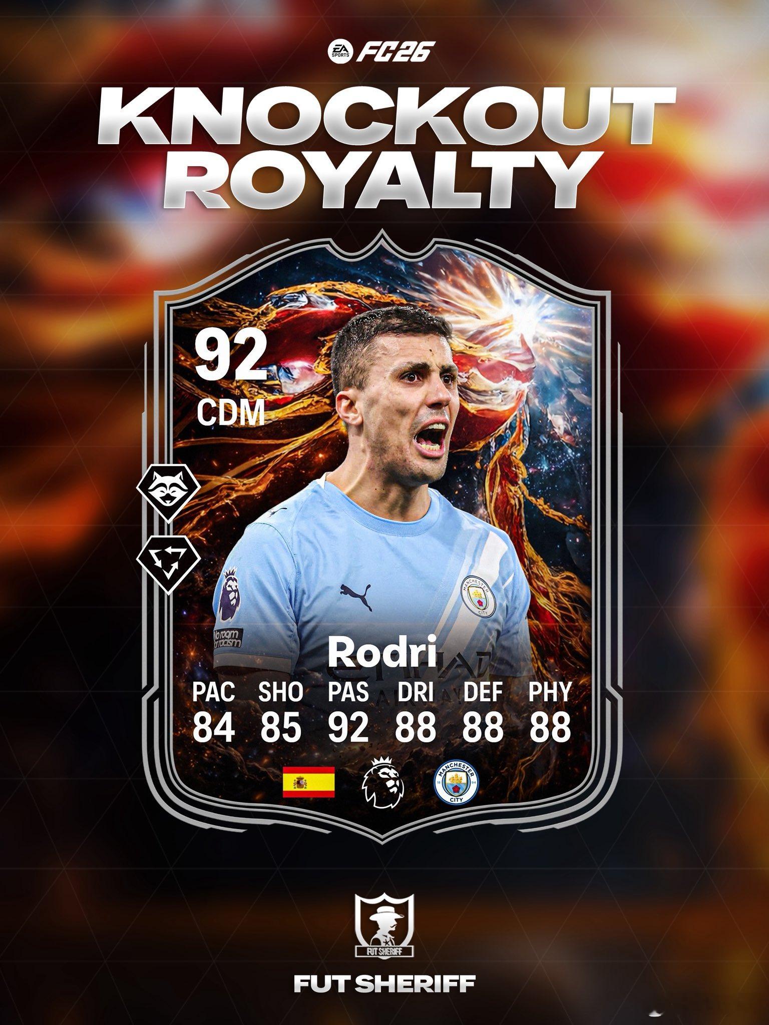 淘汰赛之王一大波球员卡确认。小熊、罗德里将会推出。除下图中出现的球员还包括恩佐和