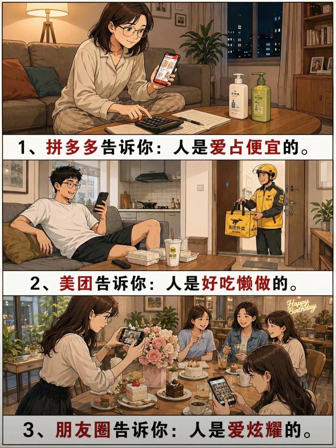 拼多多告诉你：人是爱占便宜的。
美团告诉你：人是好吃懒做的。
朋友圈告诉你：人是