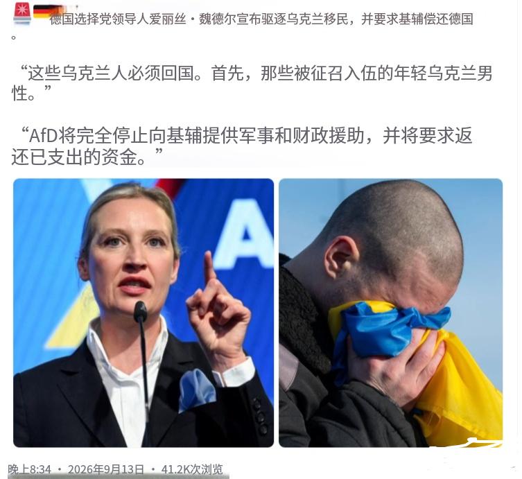 现在最让泽连斯基害怕的事情，大概就是德国选择党的魏德尔上台执政了！
最近魏德尔提