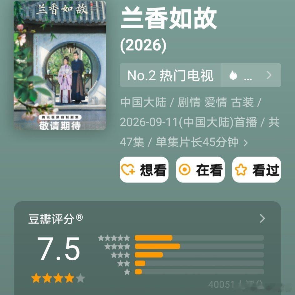 两部古偶豆瓣开分《兰香如故》豆瓣评分7.5，四万人打分《一瓯春》豆瓣评分5.4，