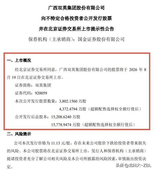 汽配股双英集团8月19日上市， 会不会破发？

双英集团刚刚发布公告称，公司公开