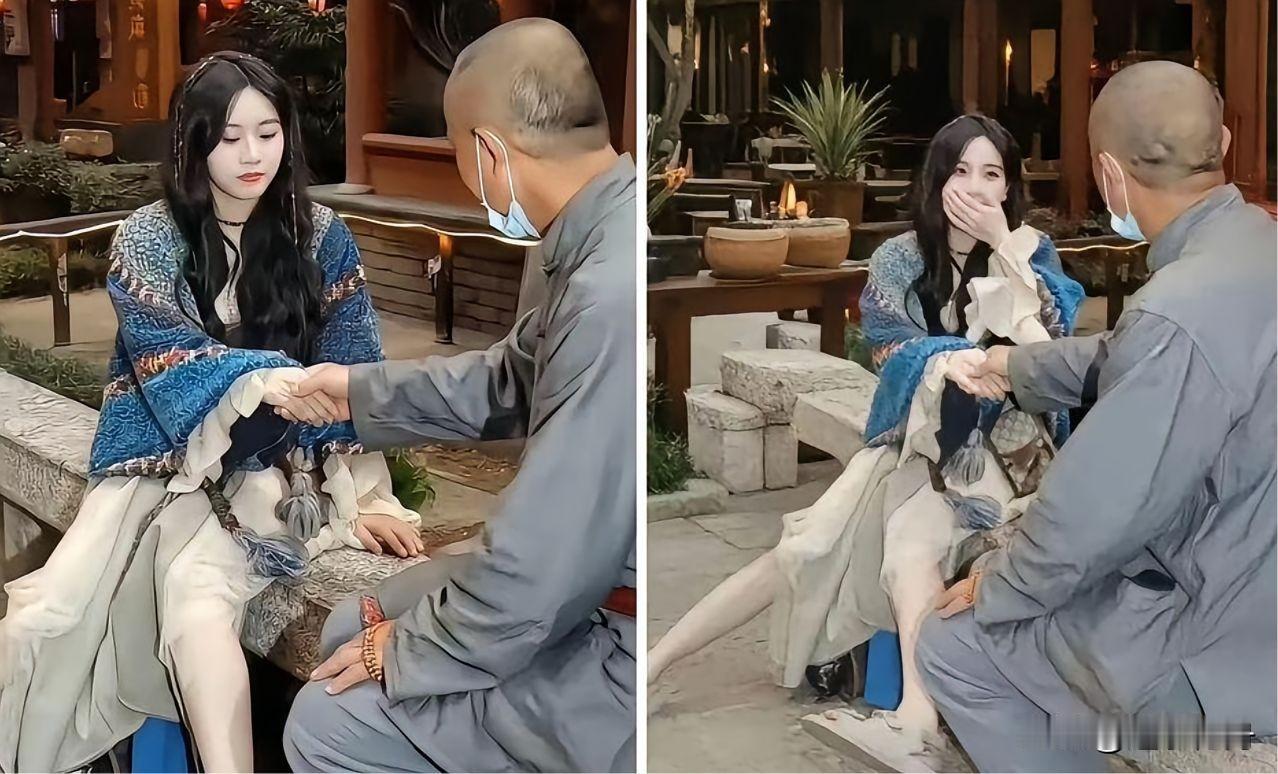 美女慕名找大师看手相，没想到大师不仅会看相还会聊天，把美女逗得笑得合不拢嘴，估计