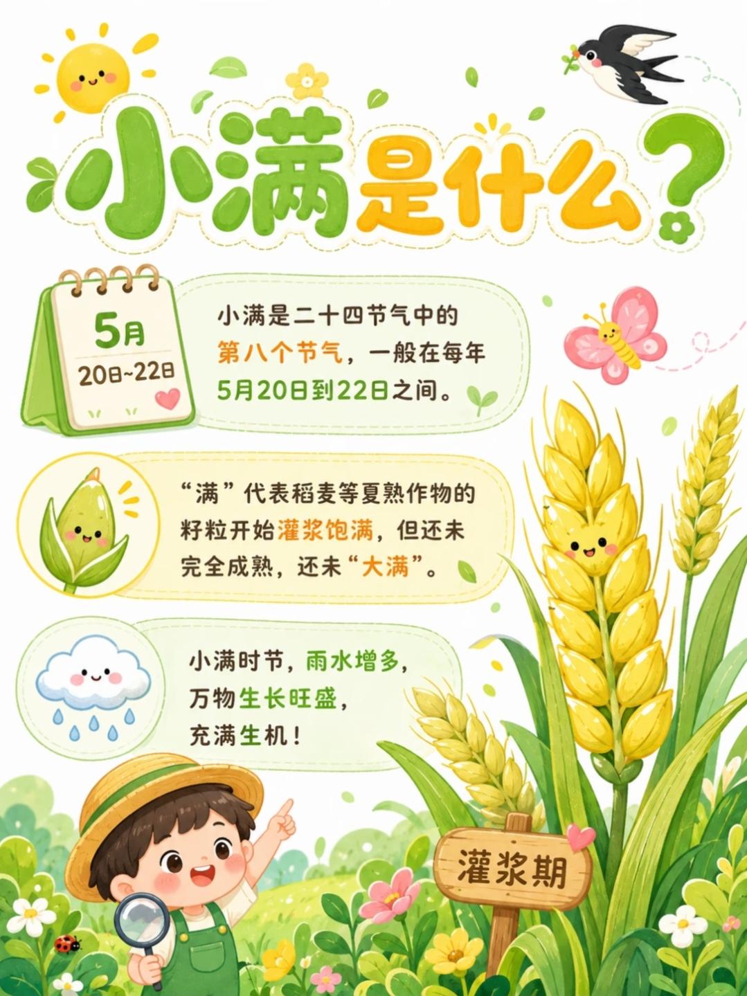 小满是什么？
小满是二十四节气中的第八个节气，一般在每年5月20日到22日之间。