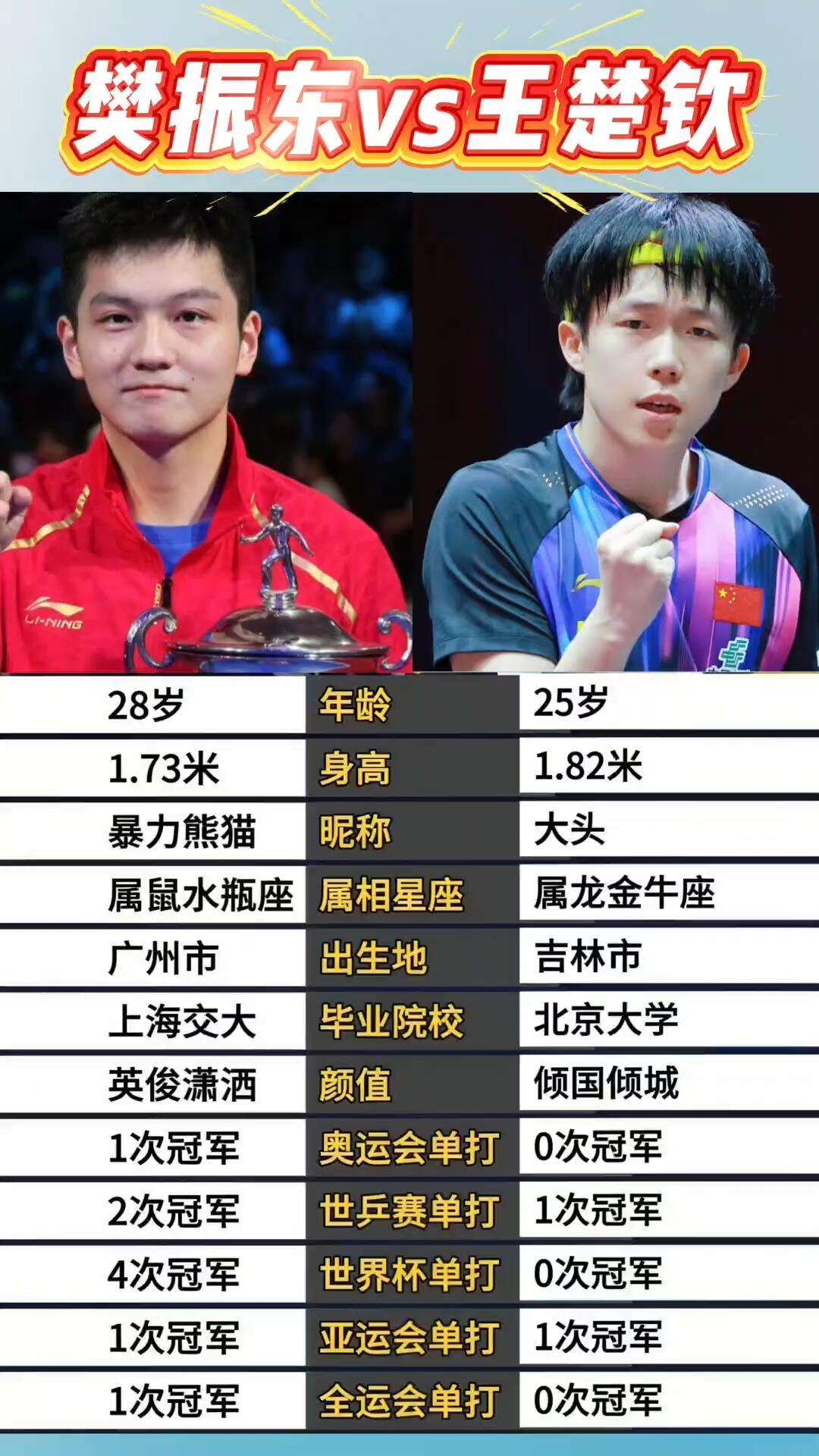 看到王楚钦和樊振东成绩对比！
看起来樊振东的成绩更亮眼，真棒，每一个都有冠军，超
