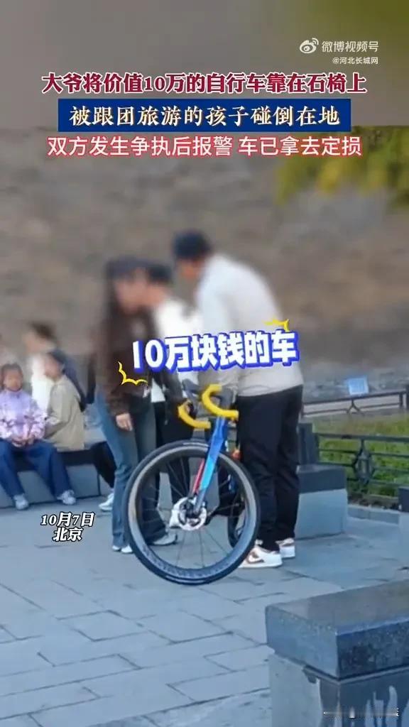大爷10万一辆的自行车放在石墩边被孩子碰了，车碰坏了，该不该赔?
这价值10万的