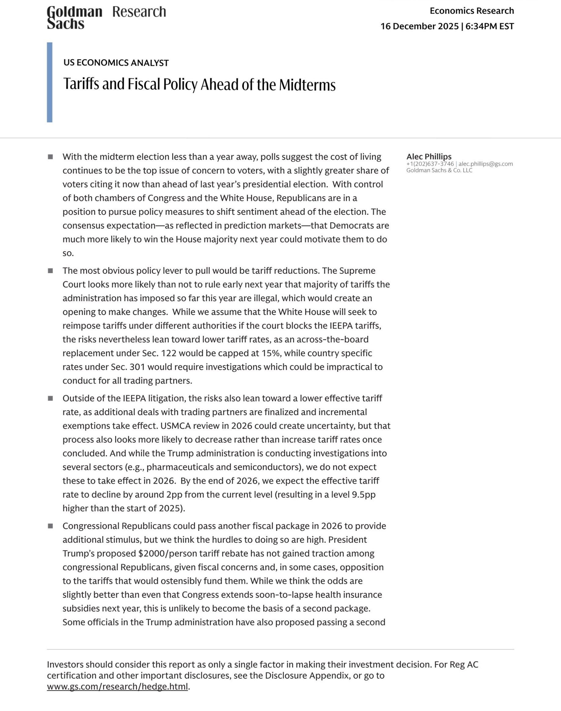 高盛昨天发的报告指出，共和党面临较高的中期选举压力，Trump或考虑扩大豁免等措