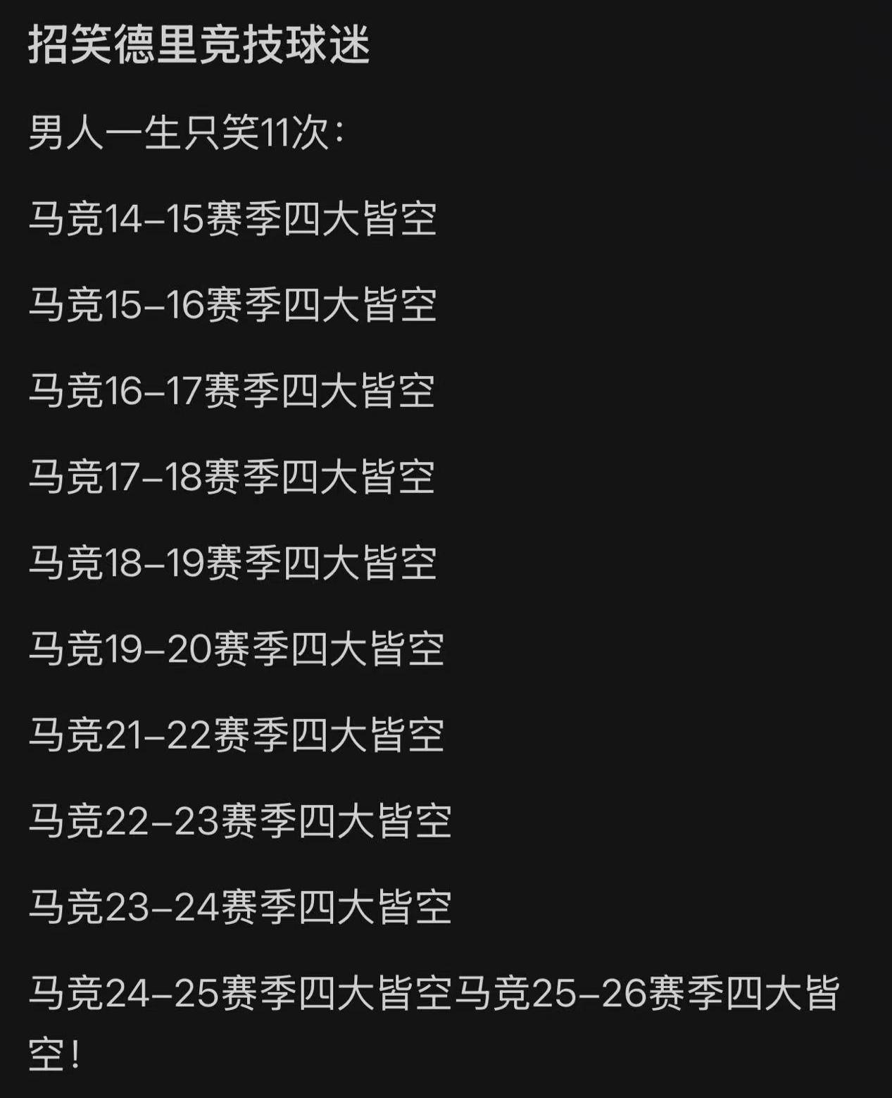 有球迷嘲讽马竞经常赛季四大皆空....

这是把马竞当做皇马了？

马竞赛季0冠