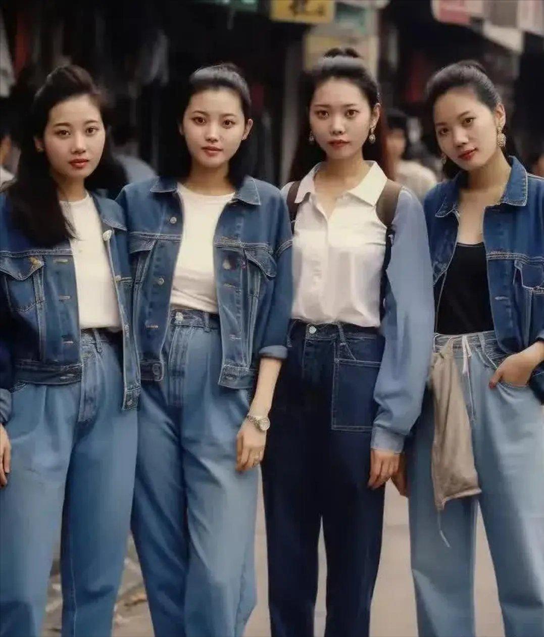 这是20世纪90年代，四位重庆女娃儿在街头的留影，你看比现在沙坪坝的小姐姐们如何