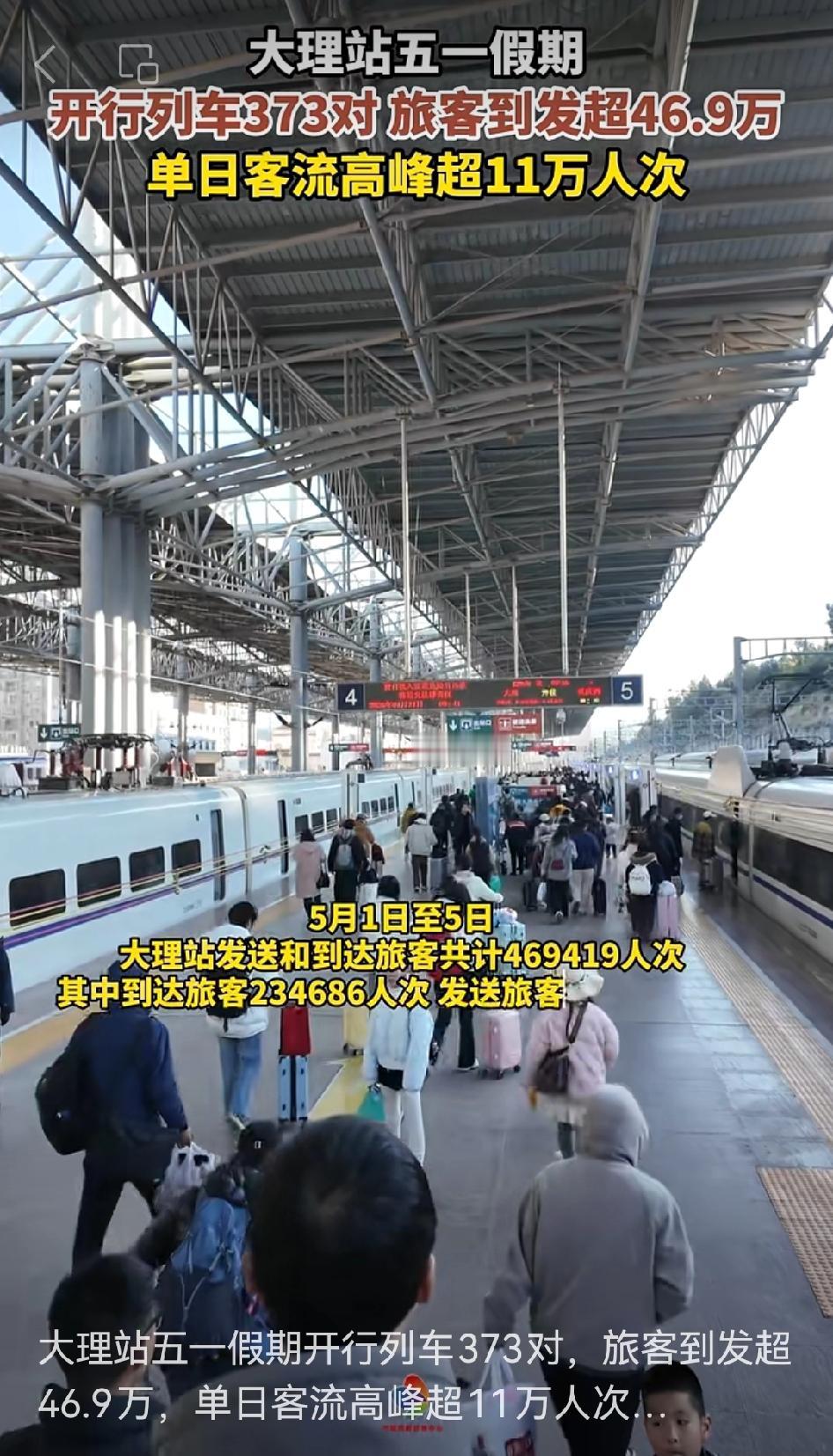 单日客流高峰超11万人次❗️五一假期大理太火啦！🔥🔥🔥🔥
大理站开行列车