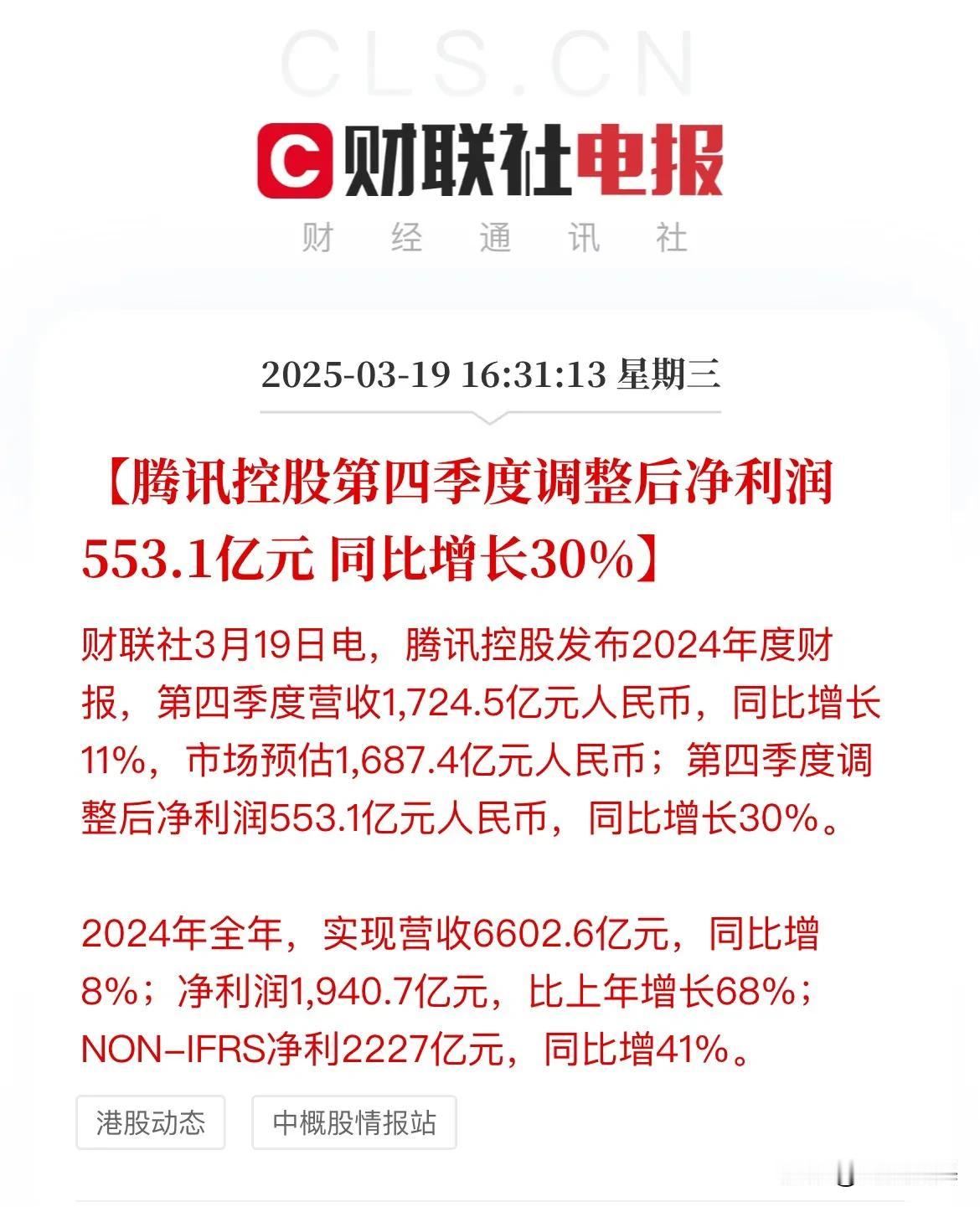 游戏大厂不是吹的，一天赚超5亿，Q4营收超预期，净利润同比增长30%

腾讯发布