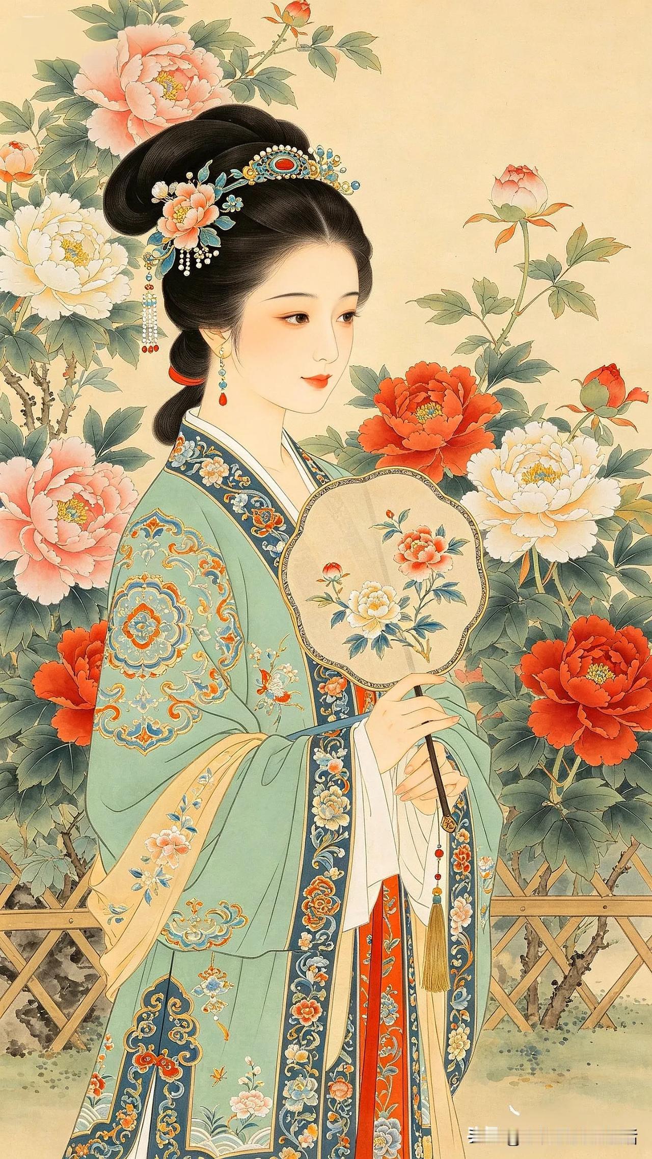 花间美人，手持团扇，古韵悠长。