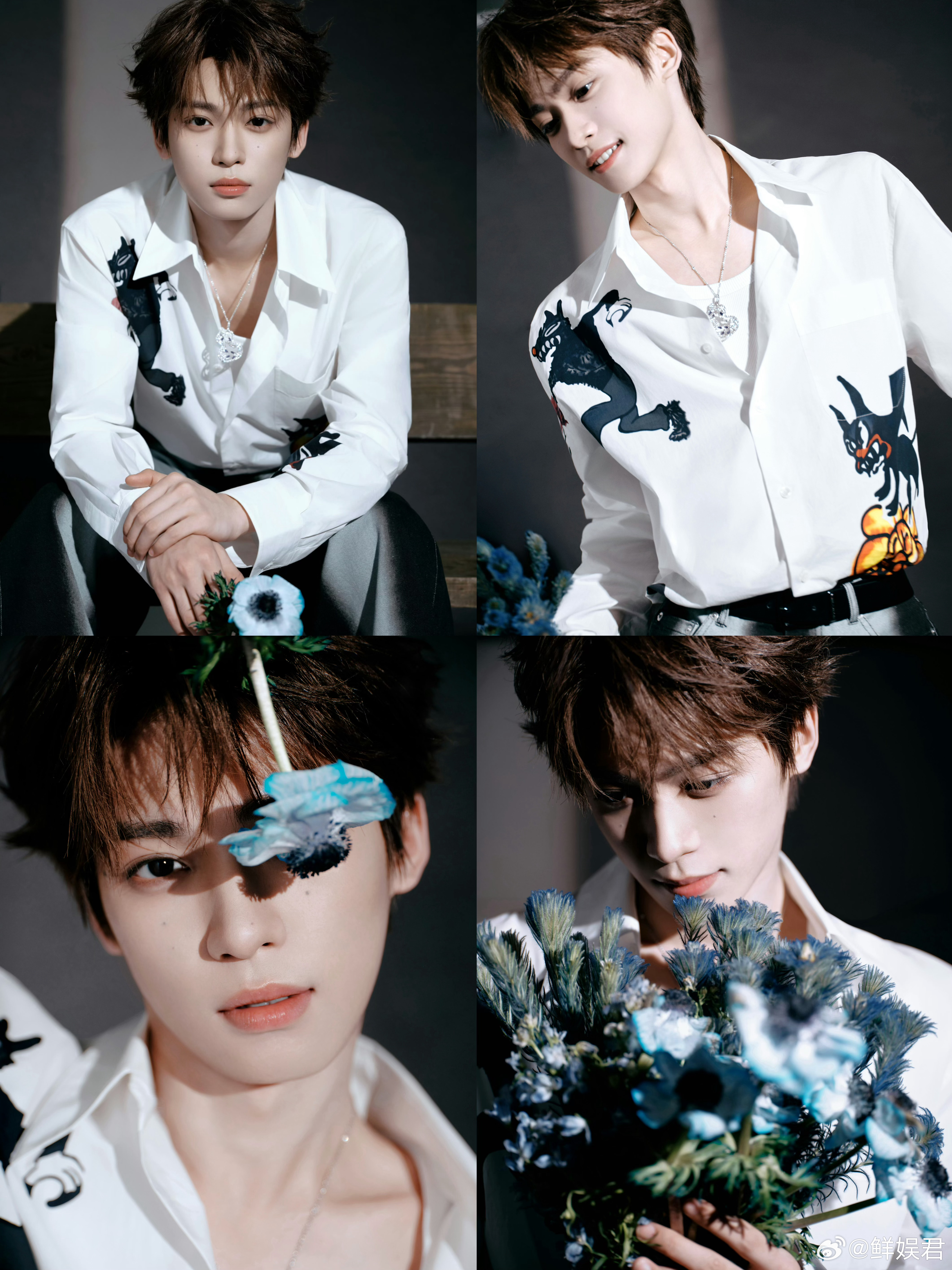 梓渝春分写真 蓝色系鲜花搭配春日少年，也太会了！梓渝总能把浪漫藏在细节里，每一次