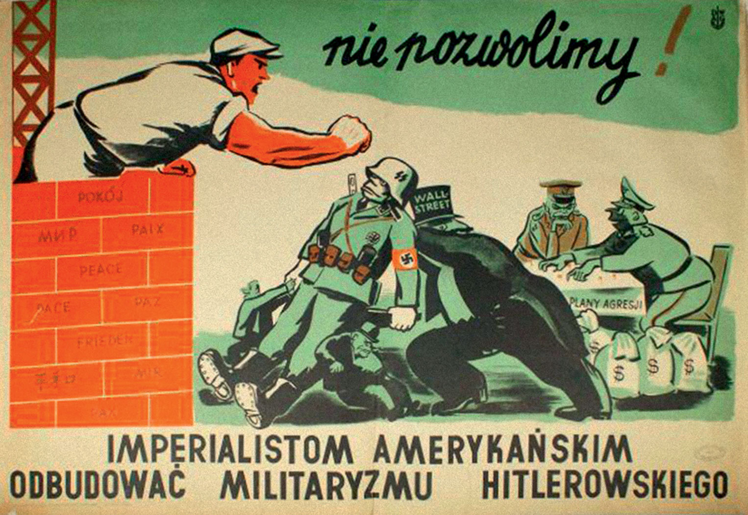 1952年，波兰反美海报：“我们绝不允许美帝国主义复辟希特勒军国主义！”。 
