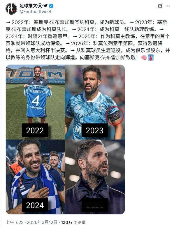 法布雷加斯未来是豪门主教练。

2024年带领科莫冲到意甲。

2026年带领位