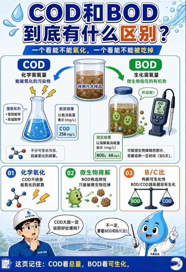 COD和BOD都和有机污染有关，但含义完全不同。COD表示能被强氧化剂氧化的污染