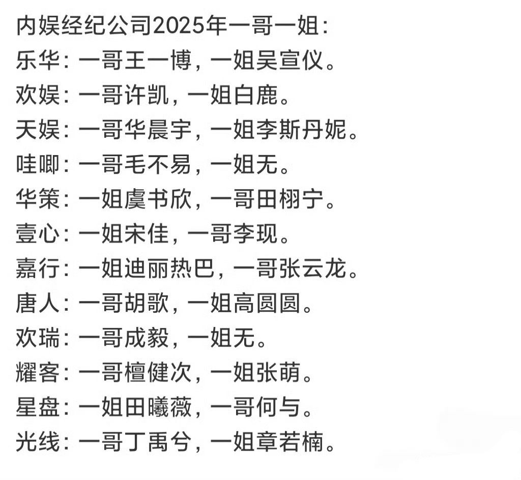 2025年内娱各经纪公司的一哥一姐内娱经纪公司一哥一姐 ​​​