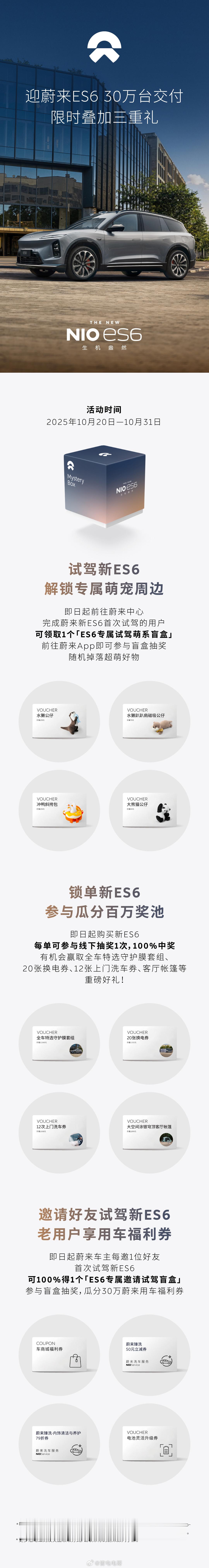 蔚来ES6下个月就要迎来30万台交付了。官方还特意准备了三重礼，试驾跟锁单都有礼