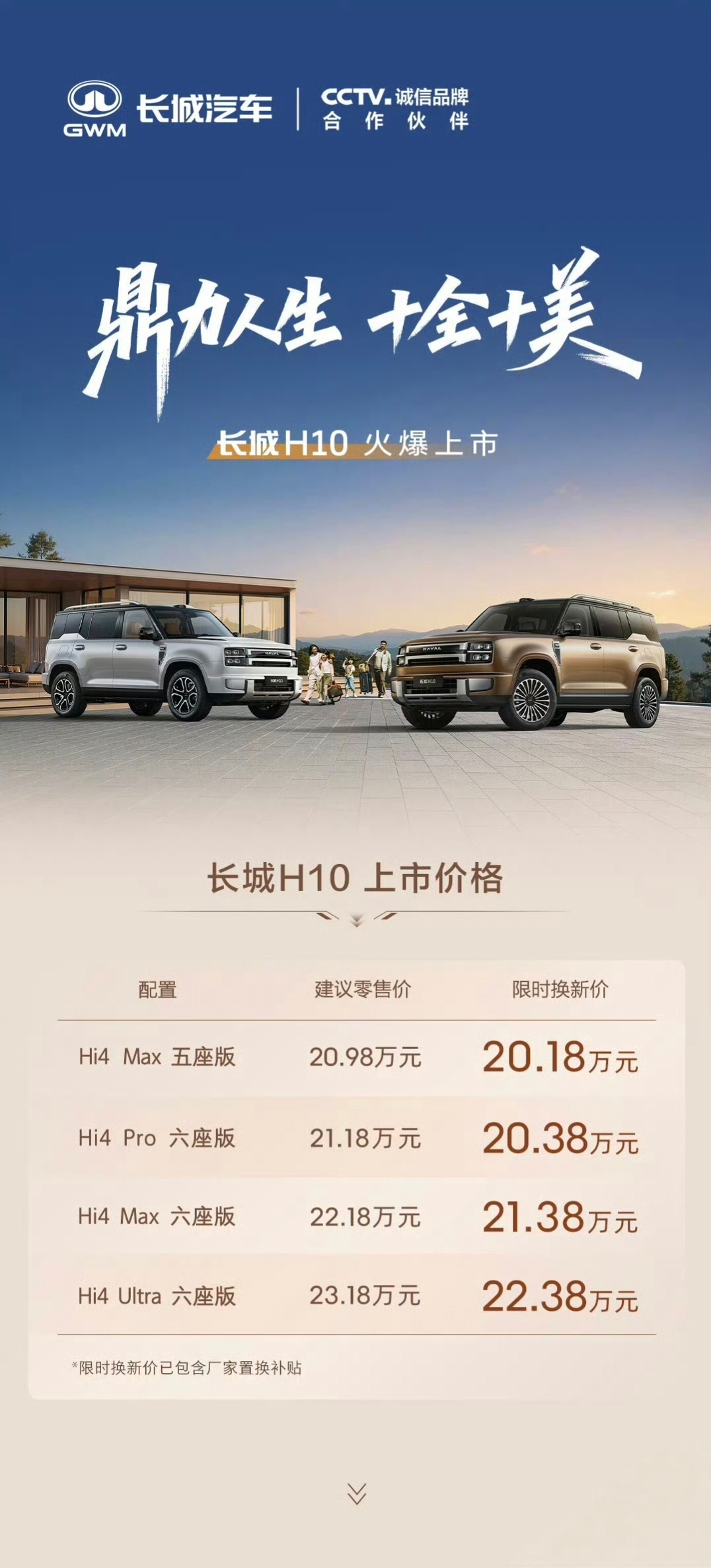 长城H10正式上市了，Hi4 Max 五座版指导价20.98万，限时换新价20.