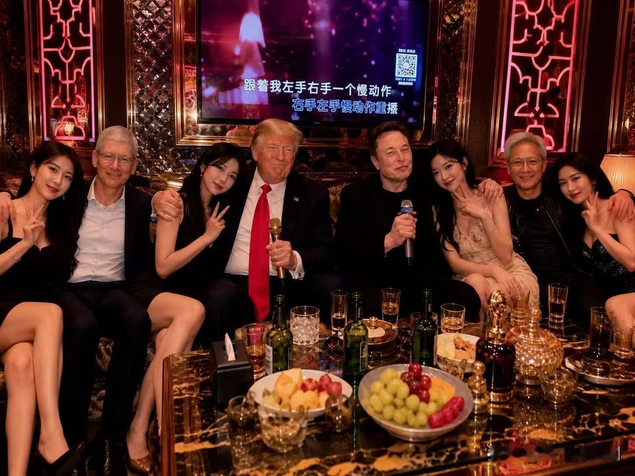 高端商K。这图做的真好，特朗普、马斯克、库克和黄仁勋在商K里唱TFboys的《青