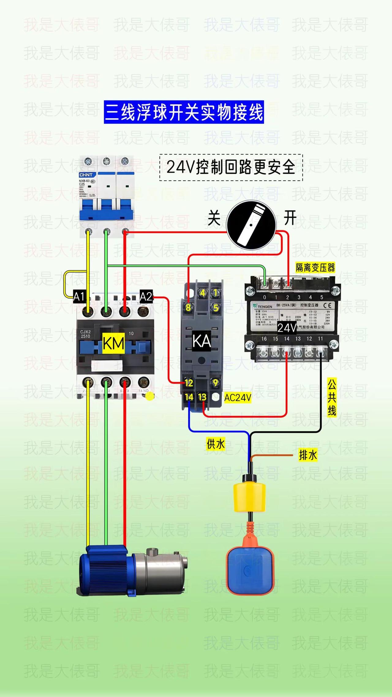 三线的浮球开关实物接线，加一个控制变压器。电工知识 浮球开关 电工 零基础学电工