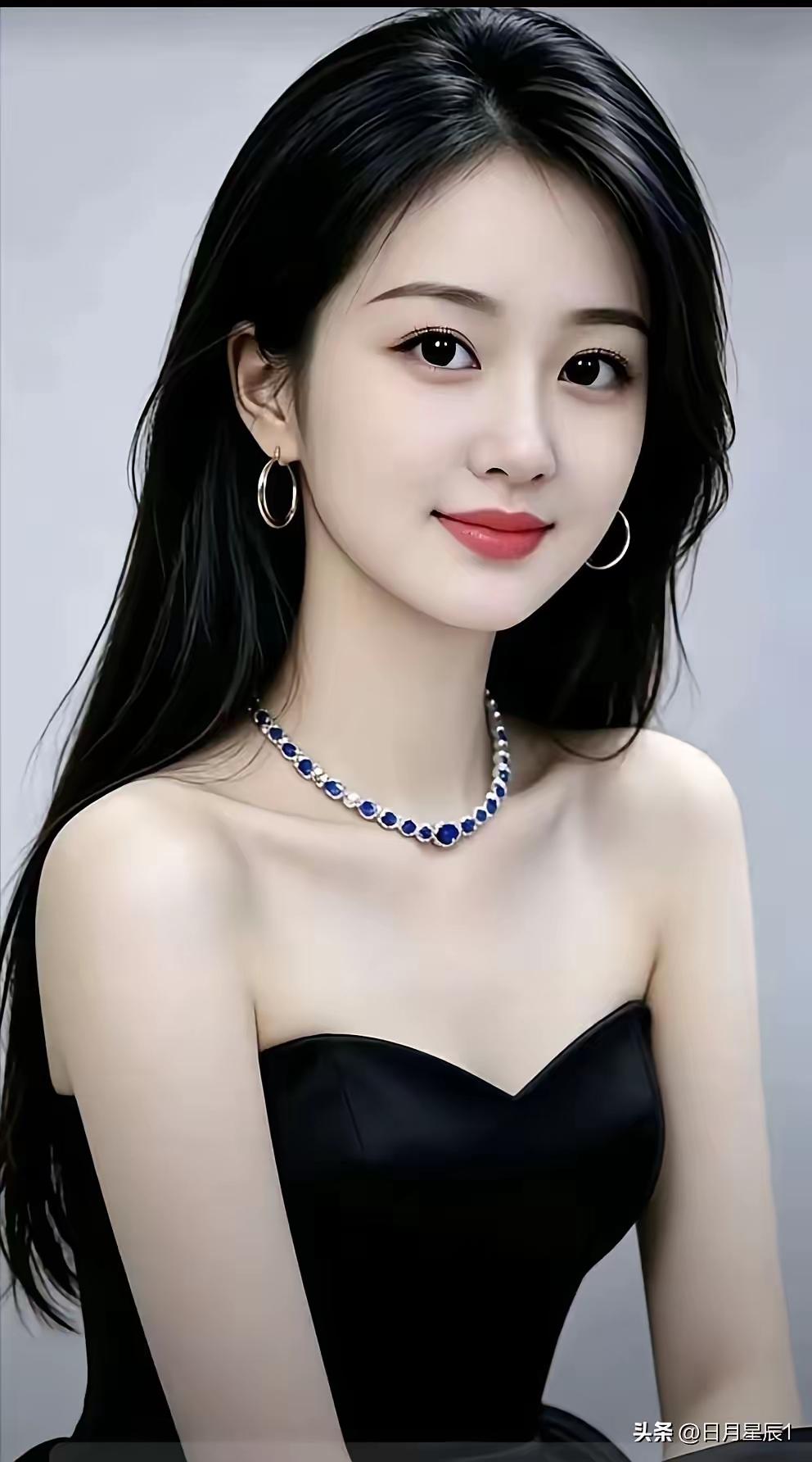 这位美女佩戴着蓝色项链，笑容甜美。