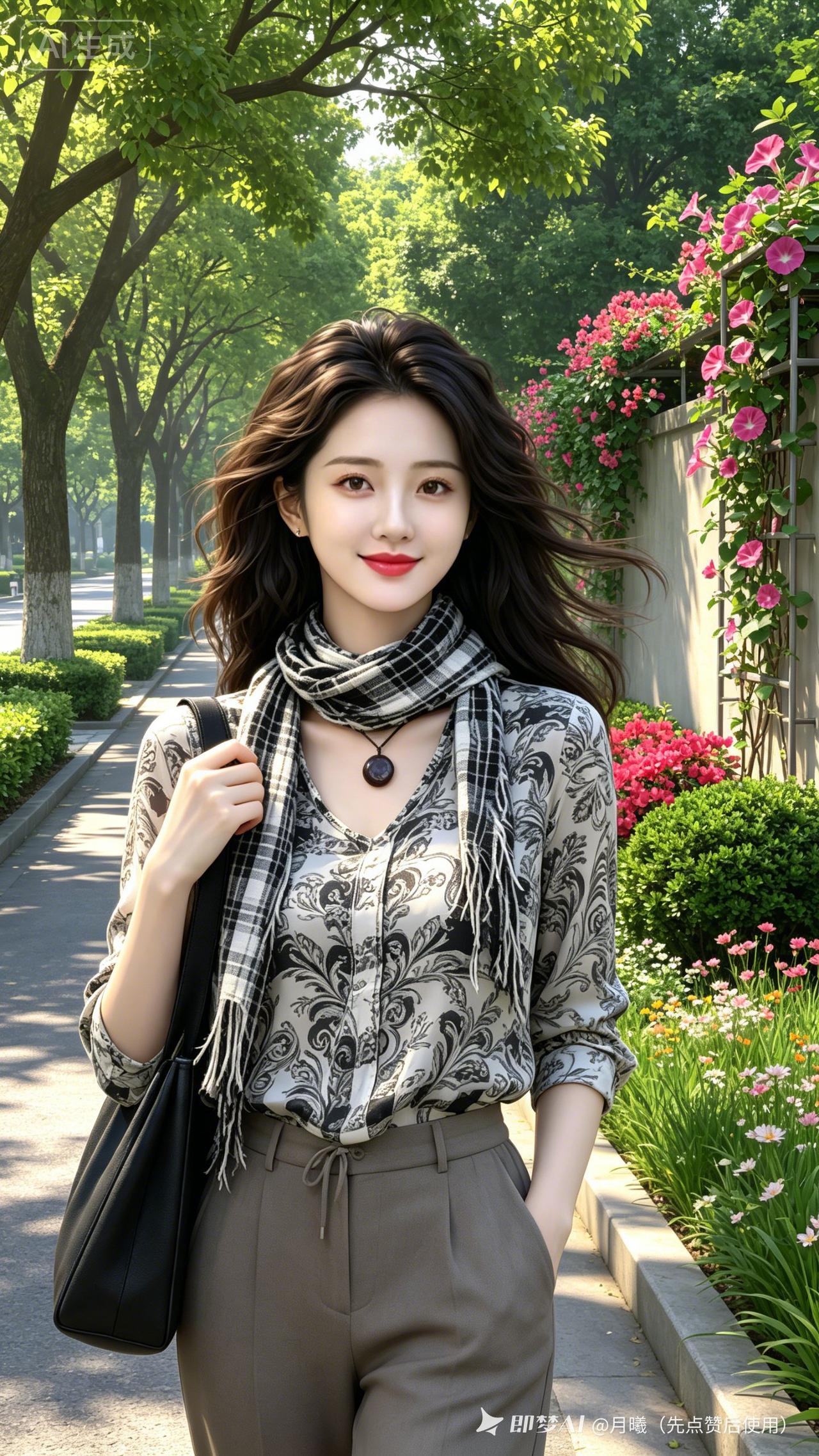 中长发美人衬衫休闲裤，冷艳精致，冷嫩无瑕肌肤。林荫繁花错落，斑驳树影流动，柔和日