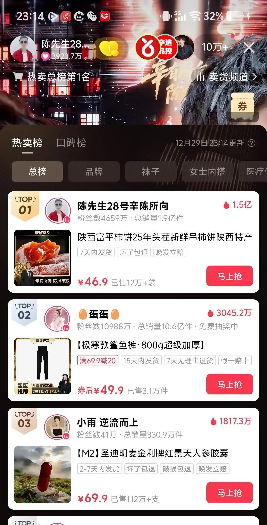 5亿首月，美妆占半
 
新人陈先生开播30天，销售额干到5亿，其中2.3亿来自口