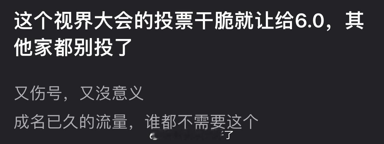 有网友说视界大会的投票干脆就让给6.0，其他家都别投了，成名已久的流量也都不需要
