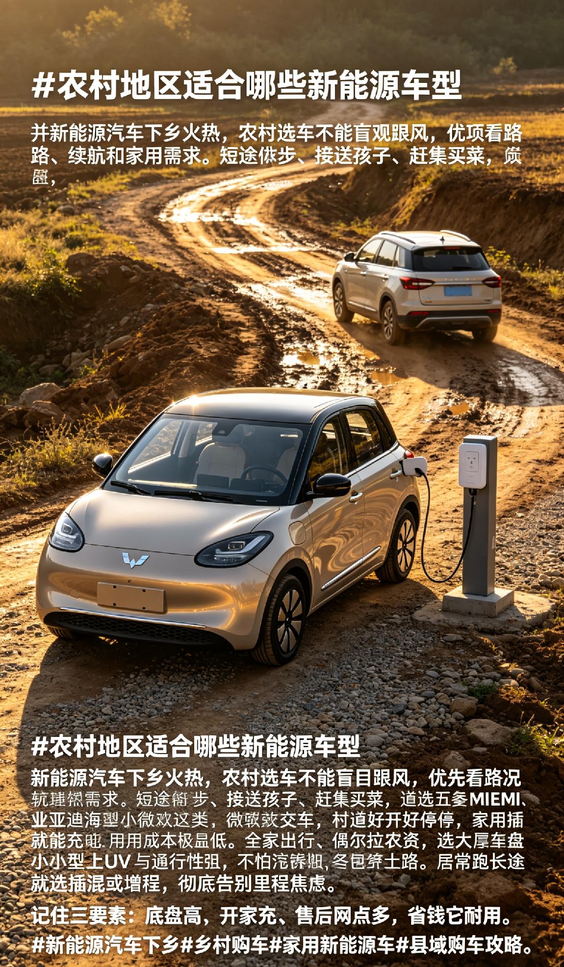 新能源汽车下乡火热，农村选车不能盲目跟风，优先看路况、续航和家用需求。
短途代步