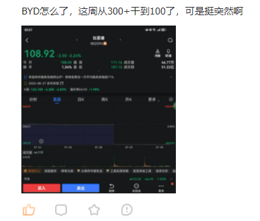 不要慌，不是比亚迪股票从200多跌到100多，是除权除息。10股送8股，再赠12