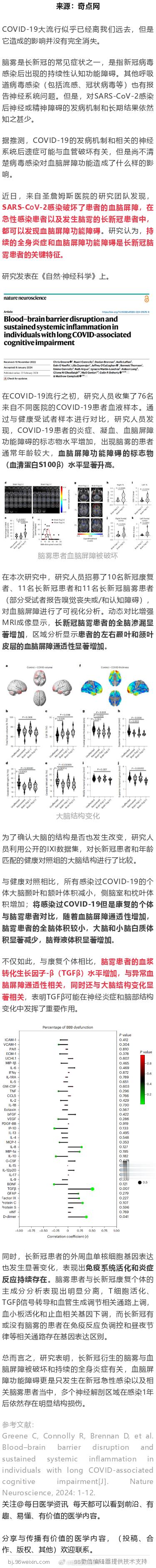 《自然》子刊：长新冠脑雾真相！科学家发现，新冠病毒感染会导致持续的全身炎症、破坏