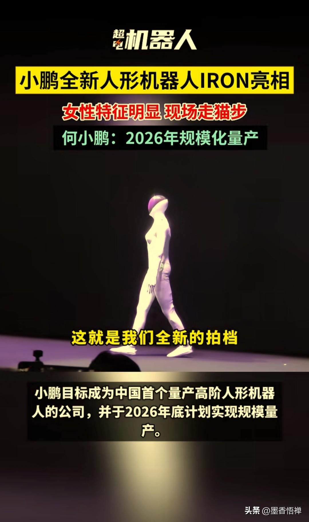 小鹏汽车近日发布了全新一代人形机器人IRON，女性特征明显，现场走猫步，号称是“