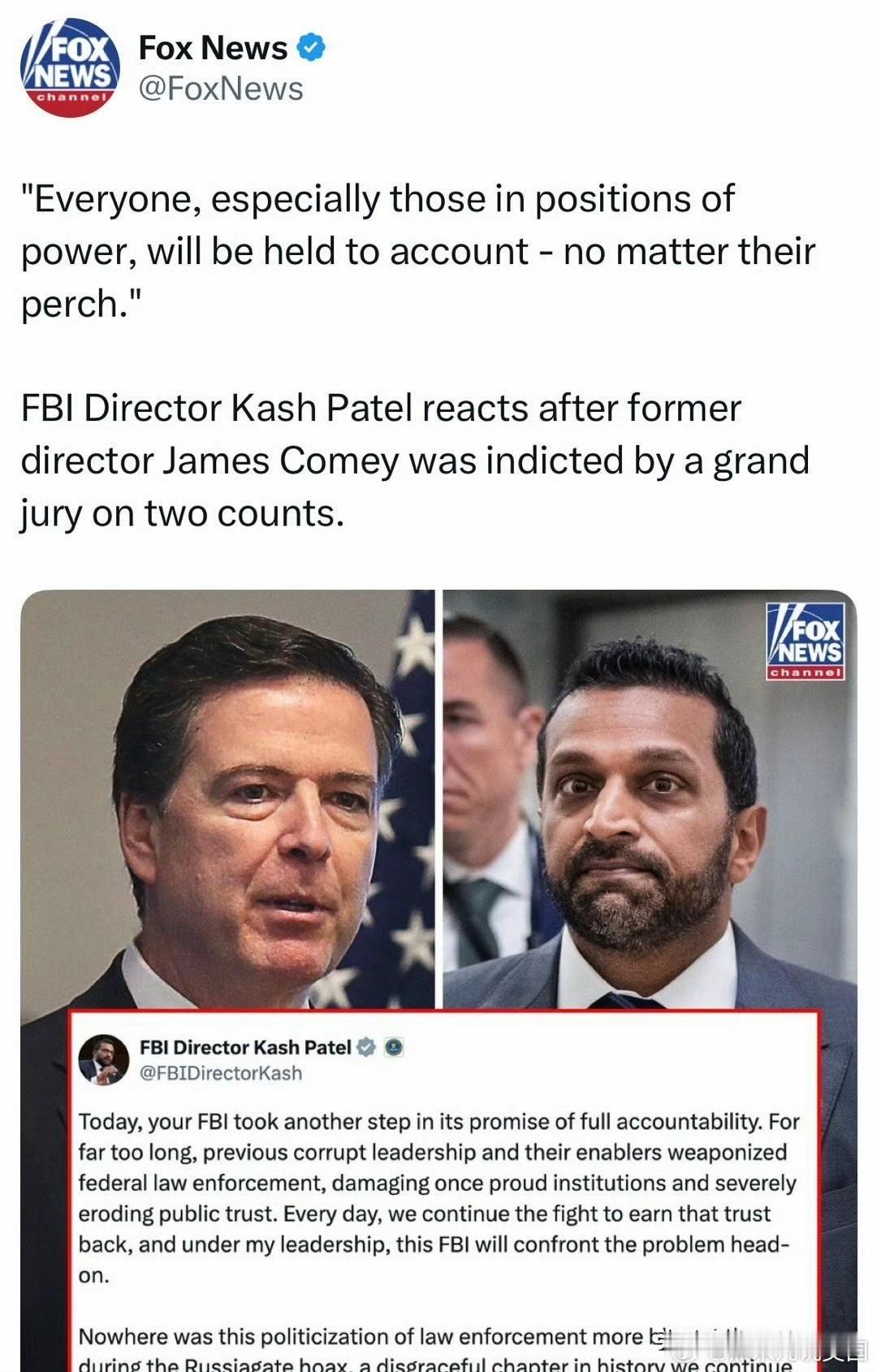 科米终于被起诉，将面临陪审团两项罪名审判。追诉期将在这个月底过期，川普直接发文说