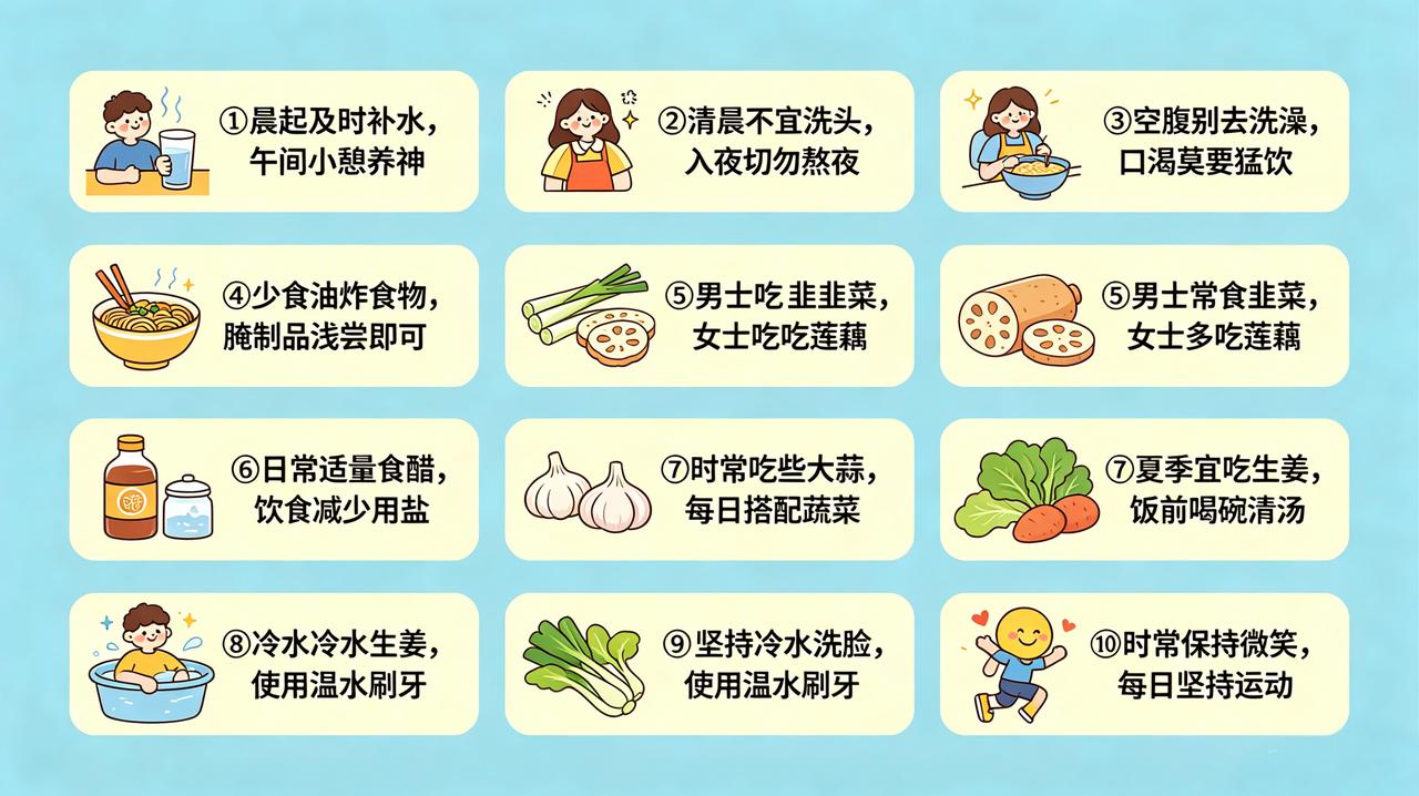 早起必看的科学养生常识
①晨起及时补水，午间小憩养神
②清晨不宜洗头，入夜切勿熬