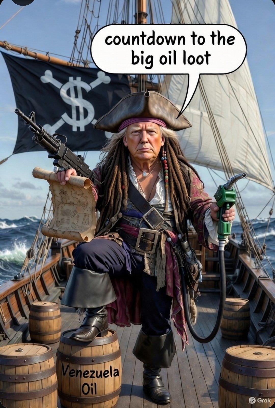 新闻快讯：海盗梗图戳破美国能源霸权
 
一幅将特朗普塑造成海盗、直指美国觊觎委石