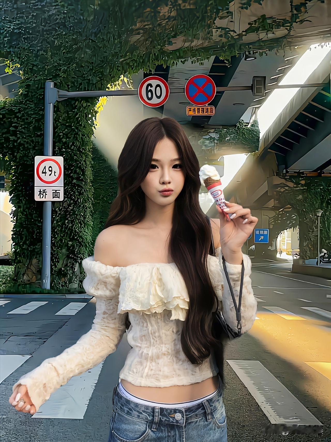 夏日街头，甜美少女手拿冰淇淋，享受清凉时光。